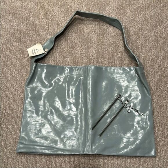 Free People Patent Perfect Carryall Tote Shoulder Bag Lt Green/Blue - Picture 1 of 7